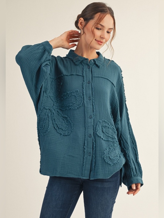 Tops - #256 New! Oversized Cotton Textured Flower Button Up Top